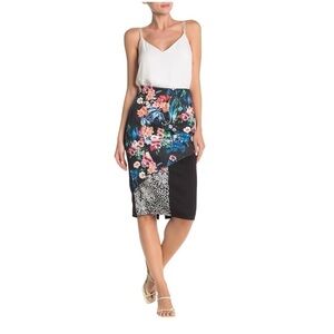 NEW Nicole Miller New York Floral Colorblock Pencil Skirt Black